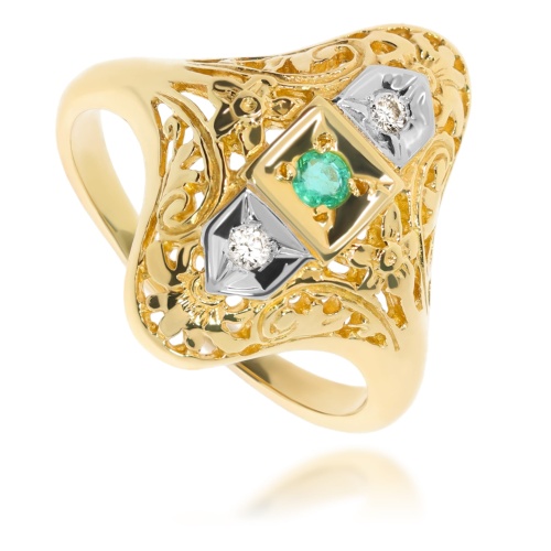 Złoty pierścionek z szmaragdem i diamentami 585