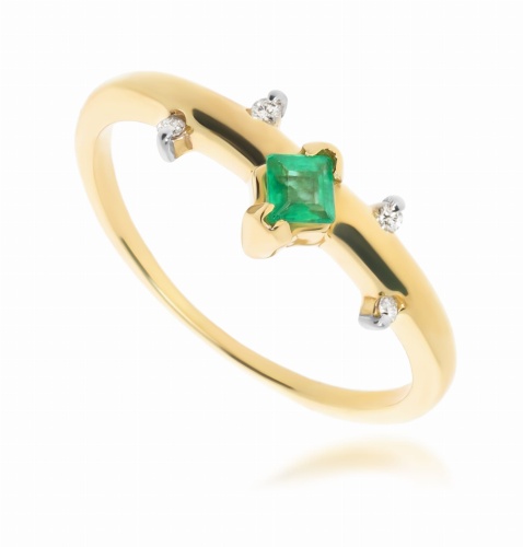 Złoty pierścionek z szmaragdem i diamentami 585