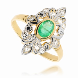 Złoty pierścionek z szmaragdem i diamentami 585. 