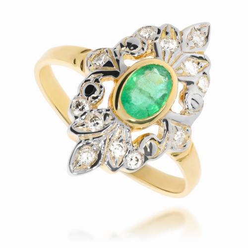 Złoty pierścionek z szmaragdem i diamentami 585.