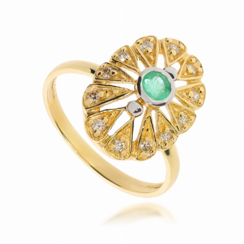 Złoty pierścionek z szmaragdem i diamentami 585