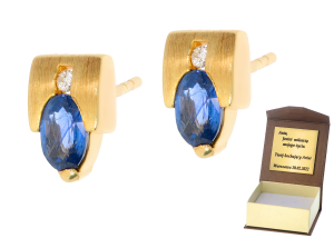 Złote kolczyki z diamentami i szafirem próby 585