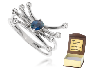 Złoty pierścionek z diamentami i szafirem 585 