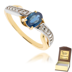 Złoty pierścionek zaręczynowy diament i szafir 585