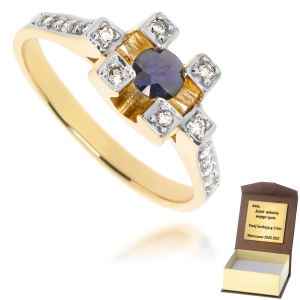 Złoty pierścionek zaręczynowy diament i szafir 585 