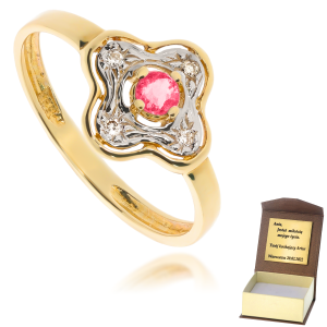 Złoty pierścionek zaręczynowy z diament rubin 585
