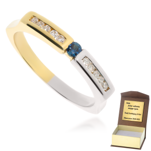 Złoty pierścionek z diamentami i szafirem 585